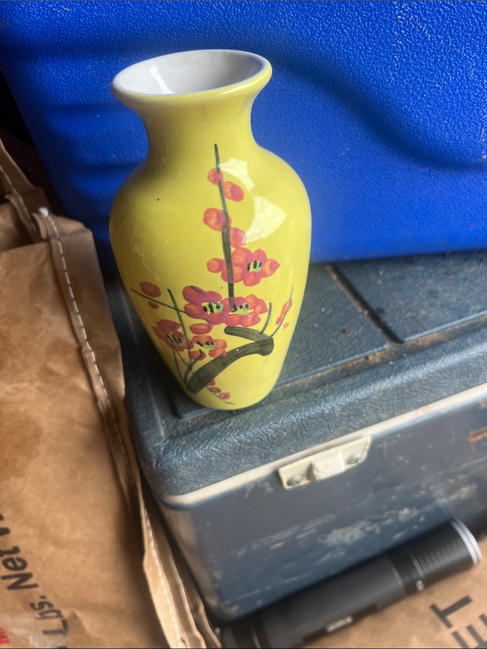 Bright Yellow Ceramic Vase with Pink Blossom Motif